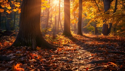 Beech forest with bright yellow leaves on a fairytale autumn day