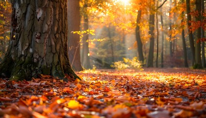 Beech forest with bright yellow leaves on a fairytale autumn day