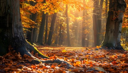 Beech forest with bright yellow leaves on a fairytale autumn day