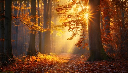 Beech forest with bright yellow leaves on a fairytale autumn day