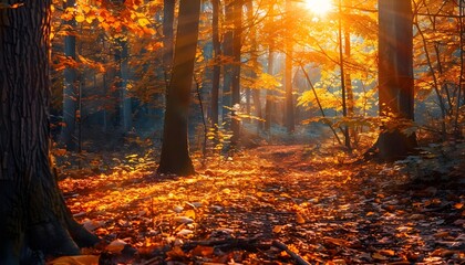 Beech forest with bright yellow leaves on a fairytale autumn day