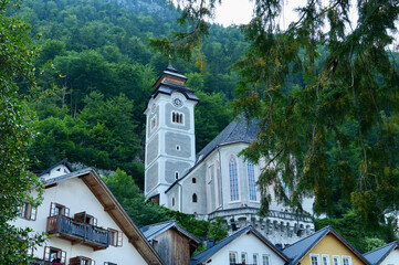 Alpine village. Hallstatt. Alpine architecture