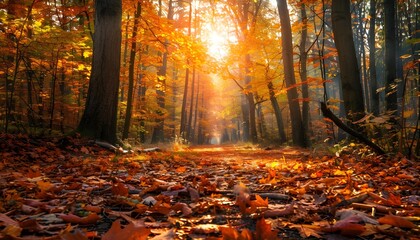 Beech forest with bright yellow leaves on a fairytale autumn day