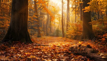 Beech forest with bright yellow leaves on a fairytale autumn day