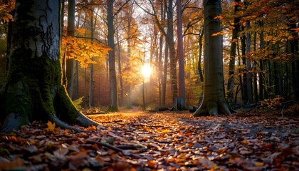 Beech forest with bright yellow leaves on a fairytale autumn day