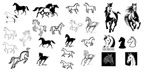Adobe ISet of vector horse icons, silhouettes, and drawings in motion for equestrian themes, circus posters, tshirt prints, children’s books, logos, and interior decorationllustrator Artwork