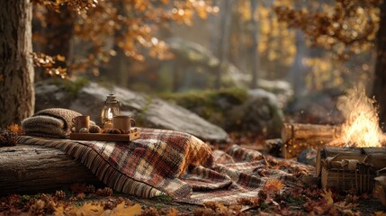 Cozy Autumn Campfire with a Plaid Blanket in a Forest Setting
