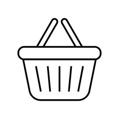 Outline icon of shopping basket with handles. Black linear vector illustration. Retail and commerce concept. Design for banner, sticker, print, poster, card, invitation. Flat icon view