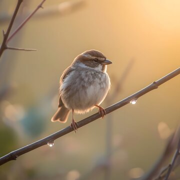 A delicate sparrow perched on a branch in the golden sunrise light. Its finely detailed feathers shimmer warmly, capturing the serene beauty of nature&rsquo;s early morning calm.