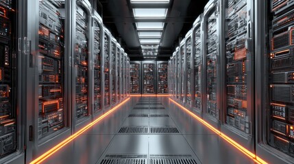 Server racks with integrated power management systems, nextgen data center theme, front view, demonstrating innovative energy distribution, futuristic tone, triadic color scheme