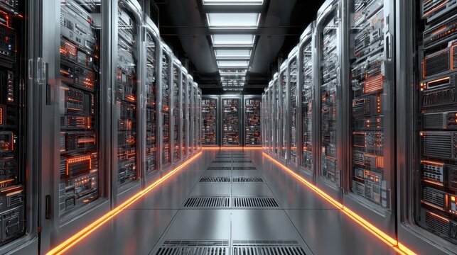 Server racks with integrated power management systems, nextgen data center theme, front view, demonstrating innovative energy distribution, futuristic tone, triadic color scheme