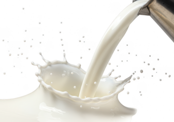 Pouring liquid creates a splash with droplets in the air on a transparent surface area view on transparent background