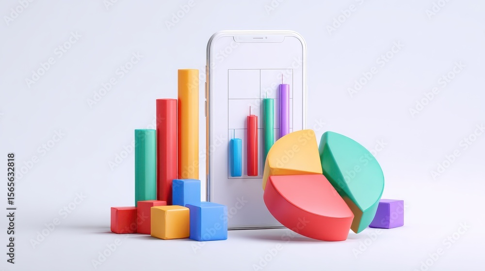 Poster 3d illustration. bar graph and pie chart on smartphone. business statistic concept. isolated white b