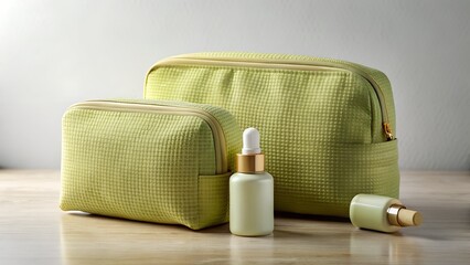 Two green fabric pouches and two green glass bottles sit on a wooden table
