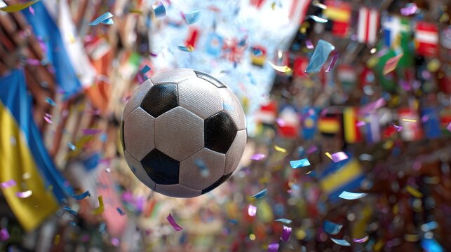 Fototapeta A soccer ball floating amidst multi-colored confetti with flags in the background, celebrating a grand sports event filled with international spirit.