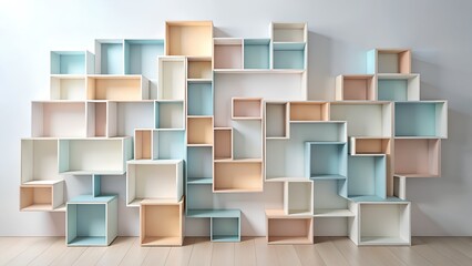 A wall is filled with many pastelcolored cubby shelves of various sizes