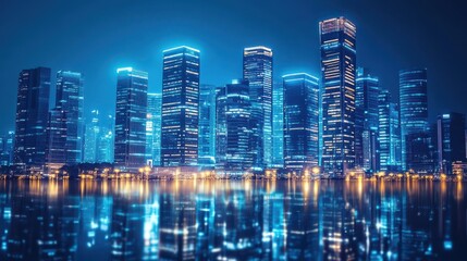 City skyline at night, illuminated by vibrant blue lights.