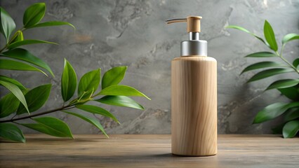 A wooden bottle with a pump dispenser sits on a wooden table, flanked by green leaves against a gray background