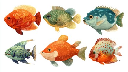 Fototapeta premium Cute cartoon tropical exotic freshwater aquarium fishes vector set, no logos, no brands