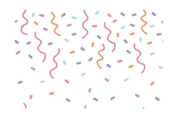 Colorful confetti streamers on with pink orange blue purple shapes pattern celebration