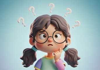 Confused 3D Cartoon Girl with Glasses and Question Marks – Cute Claymation Style