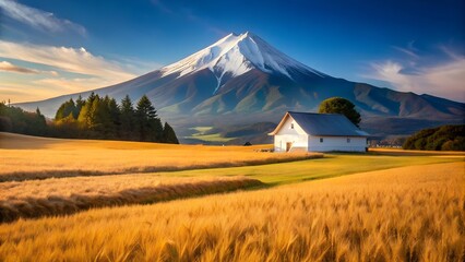 A white farmhouse sits in a golden wheat field with a majestic snowcapped mountain in the background