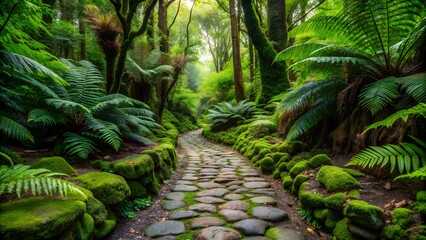 A stone path winds through a lush green forest, ferns and moss cover the stones, sunlight filters through the trees