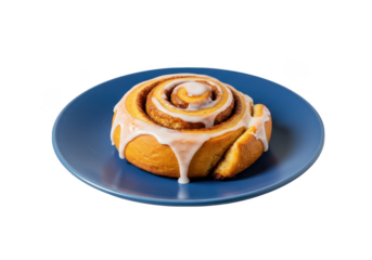 A single cinnamon roll with white icing on a blue plate against a simple dark backdrop view on transparent background