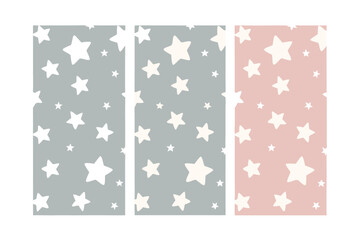Three vertical panels with repeating star pattern on gray pink backgrounds stars