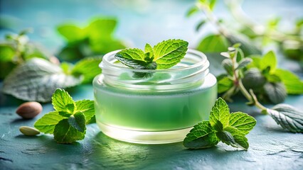 A glass jar of vibrant green mint cream sits on a teal surface, surrounded by fresh mint leaves