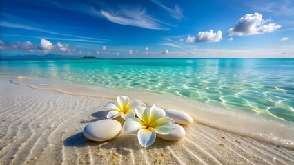 Three white plumeria flowers and smooth white stones rest on a pristine white sand beach, the turquoise ocean gently lapping in the background