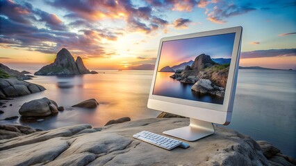 A sleek silver desktop computer sits on a rocky beach, displaying a stunning sunset seascape