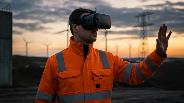 VR Innovation: Male engineer in orange safety jacket uses virtual reality headset amidst wind turbines at sunset. - Powered by Adobe
