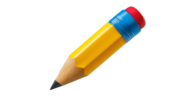 3D pencil icon for note-taking, school or writing themes, floating above white surface, PNG 