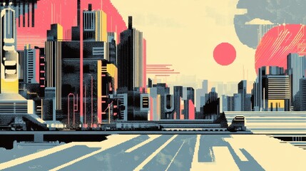 Obraz premium Colorful cityscape scene with futuristic architecture.