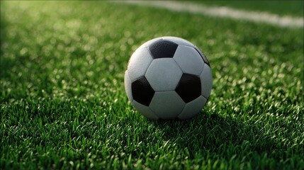 Fototapeta premium A soccer ball on a green turf field.