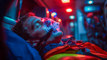 Injured civilian male on stretcher in ambulance, oxygen mask on face, emergency lights casting red and blue beams