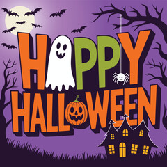 Happy Halloween Background with Ghost, Pumpkin, Spider, Haunted House, and Bats