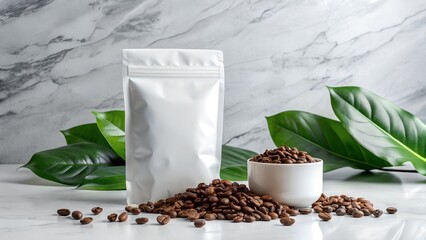 A white standup pouch and a bowl of roasted coffee beans sit on a marble surface, surrounded by green leaves