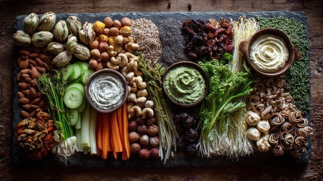 A beautifully arranged raw vegan charcuterie board featuring a variety of nuts, seeds, fresh vegetables, and raw vegan dips - Powered by Adobe
