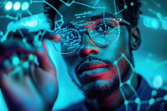 A young man interacts with a digital network visualization, exploring data connections and nodes.