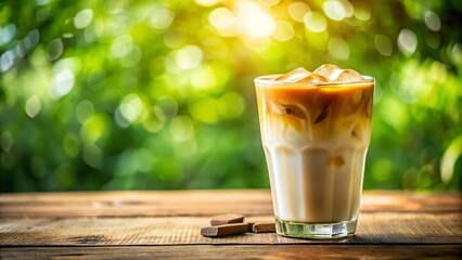 A refreshing iced latte in a glass sits on a wooden table with chocolate squares, set against a blurred green background
