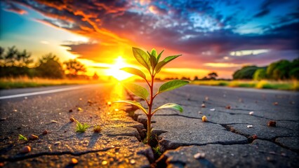 A small plant sprouts from a crack in the asphalt road at sunset, showcasing resilience and new beginnings
