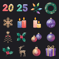 vector Happy New Year Celebrating 2025 in Latin letters , Christmas Decoration Items Santa Claus
