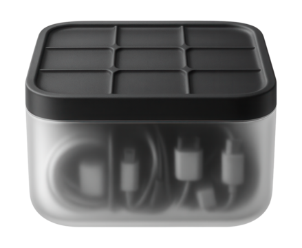 A plastic container with a grid design on its lid, great for organizing small electronic accessories in a living room.