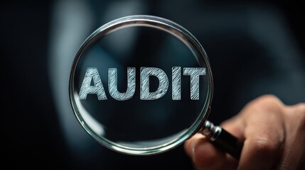 Audit Examination: A financial analyst holding a magnifying glass with the word 'AUDIT' reflects critical inspection and data review within a digital framework.