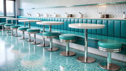 A modern cafe interior features teal booths, white tables, and a terrazzo floor, creating a retrochic atmosphere
