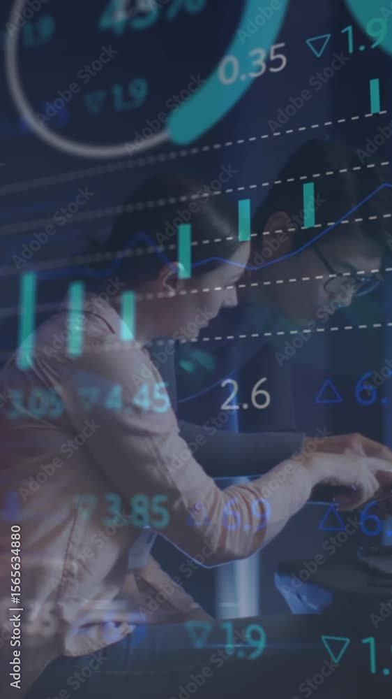Poster animation of data processing, diverse male and female it engineers with laptop by computer servers