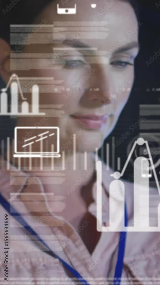 Poster animation of data processing over caucasian female it engineer with tablet by computer server