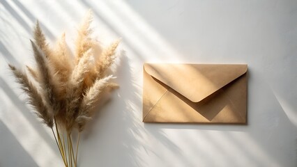 A beige envelope and a bunch of pampas grass are arranged on a white background, illuminated by sunlight creating shadows